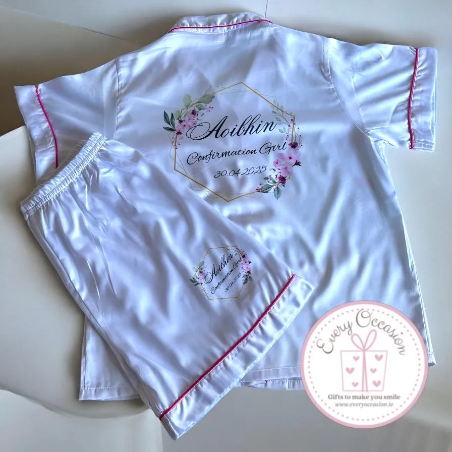 Personalised White & Pink Satin Girls' Pyjamas – Perfect for Communion or Confirmation