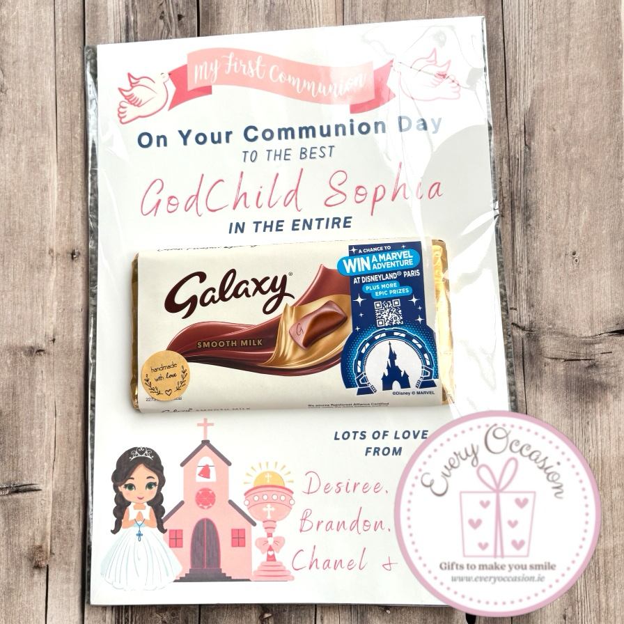 Personalised First Communion A4 Card with Galaxy Bar – For Girls & Boys